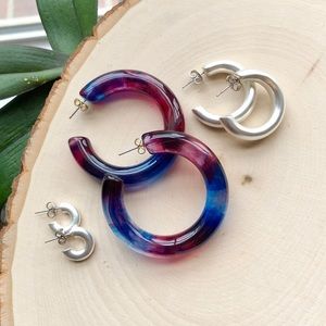 NWT Free People All The Best Hoop Earring Set of 3 Pink Purple Silver